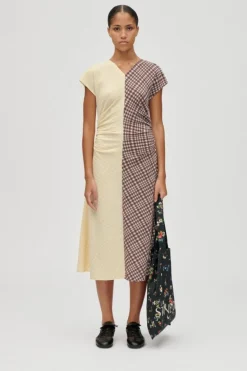 2118 Checkered Jersey, Ruched Waist Midi Dresssg-aw25-d156-2118*Stine Goya New