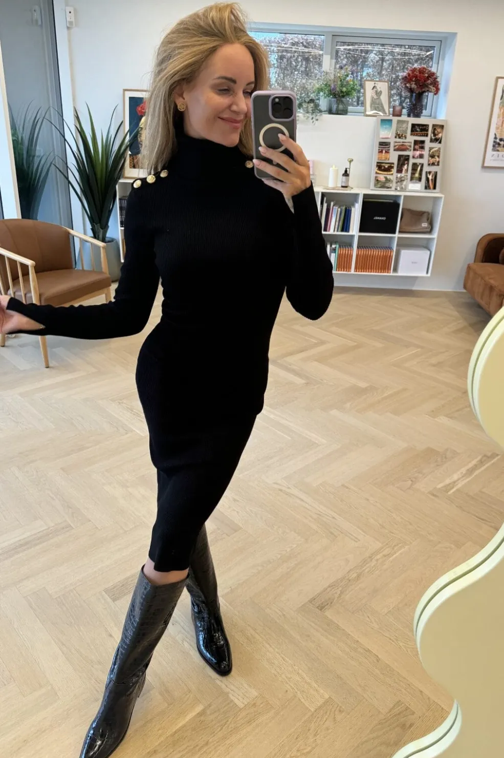 Gold Button Knit Roll Dress*Valentin Studio Clearance