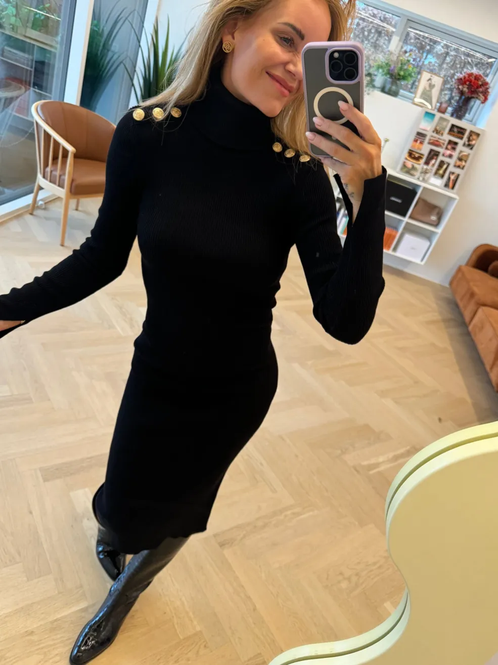 Gold Button Knit Roll Dress*Valentin Studio Clearance