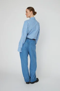 Stella Nova Washed Blue Mid-waist Pants With Scallop Edgewd54-6325< Bukser, Jeans & Leggings